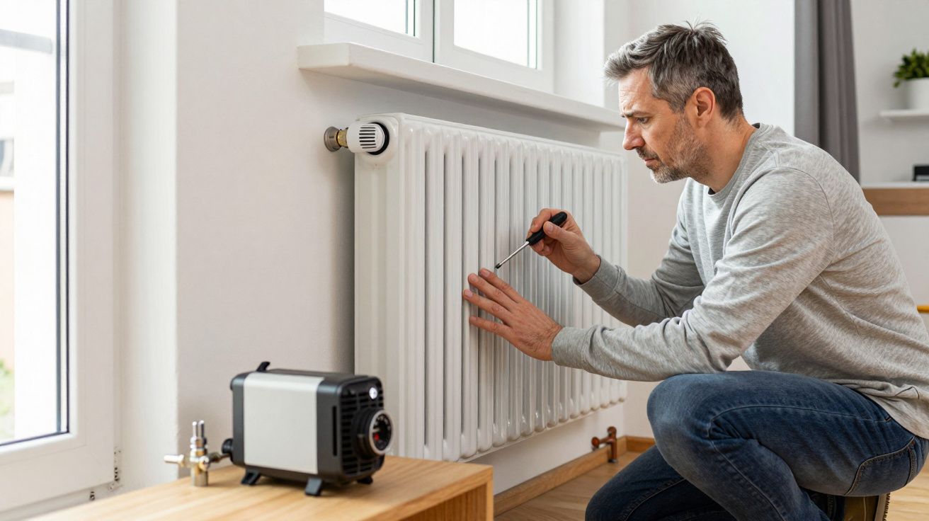 Man in grey jumper fixing a white radiator with a screwdriver beside a window.