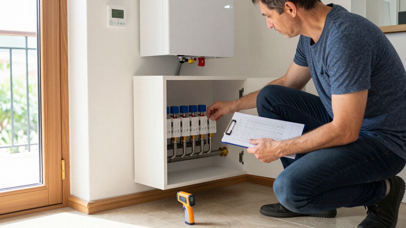 Man inspecting underfloor heating manifold, holding a clipboard and thermometer by a wall-mounted unit.