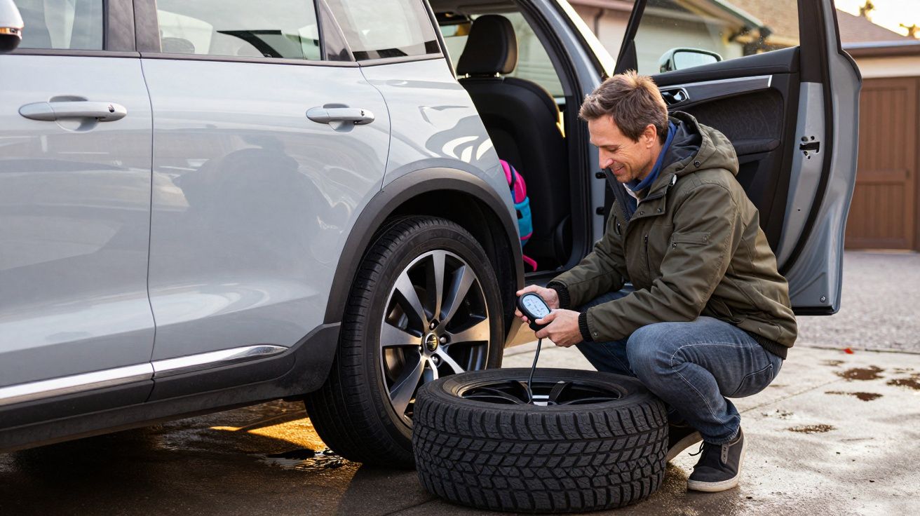 A man checks tyre pressure beside a silver car with an open door, holding a gauge and a tyre on the ground.