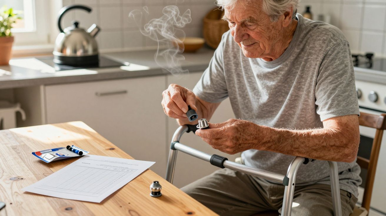 Elderly man with a walker preparing insulin injection in kitchen at wooden table with paperwork and a steaming kettle nearby.