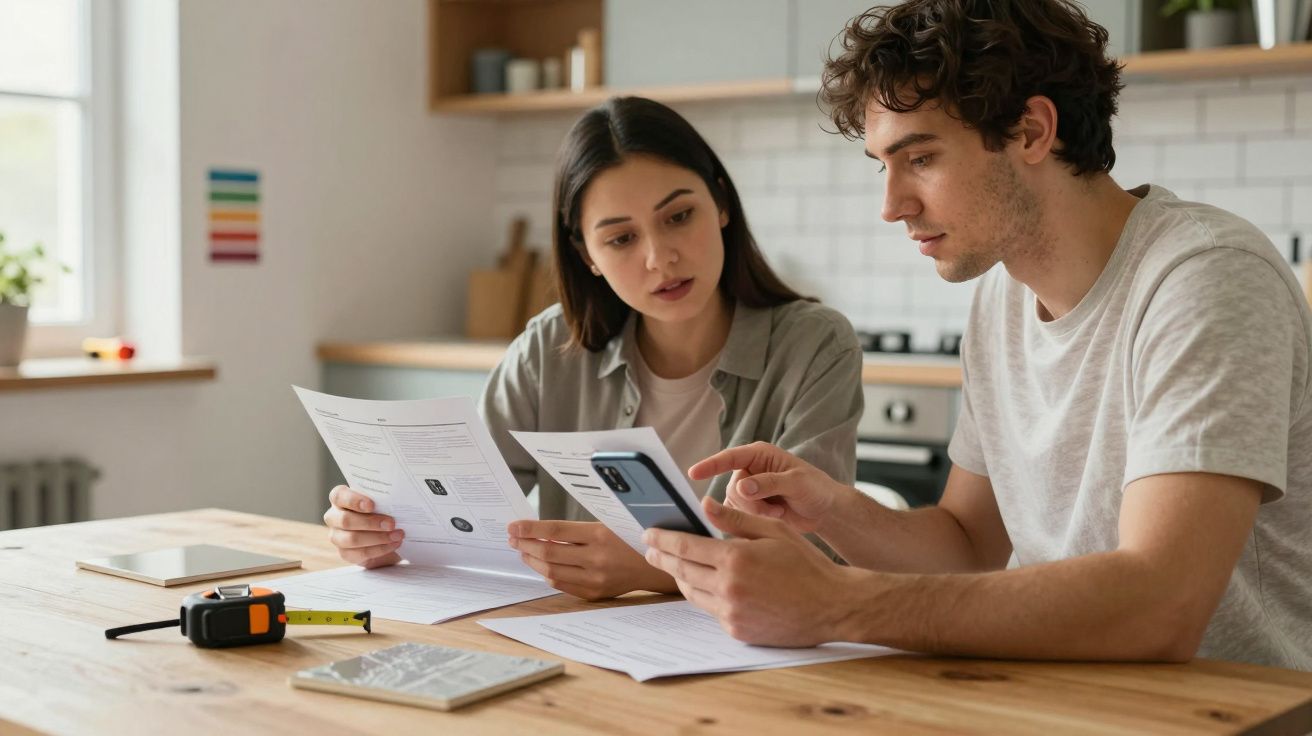 A couple reviews documents and a smartphone in a modern kitchen, with a measuring tape and notepad on the wooden table.