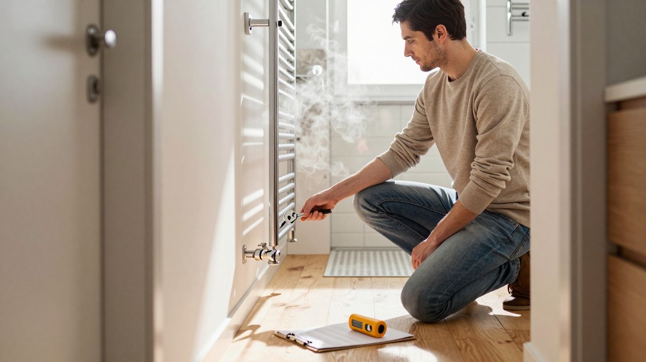 Man kneeling, bleeding a radiator with steam escaping, clipboard and tools on floor, bright room with wooden floor.