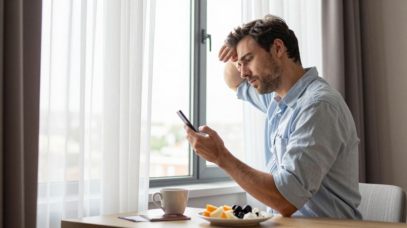 Man by window looking at phone, hand on forehead. Fruit and coffee on table. Natural light fills room.