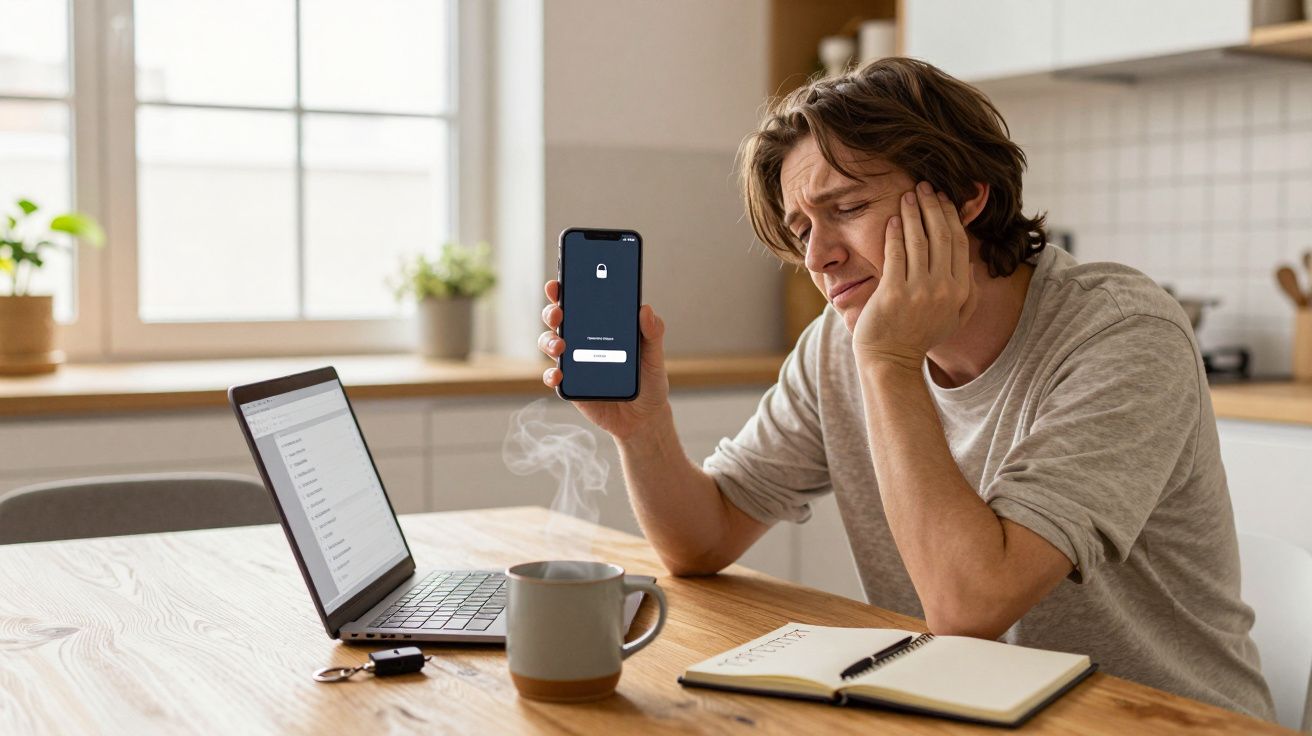 A frustrated man in a kitchen holds a phone with a lock screen, next to a steaming mug, open laptop, and notepad.