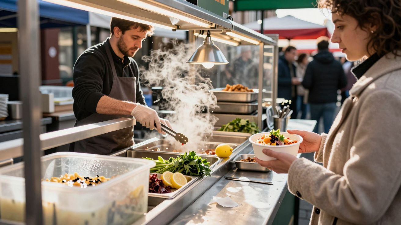 Person serving food at a busy outdoor market stall, with bowls of vegetables and lemons on display.