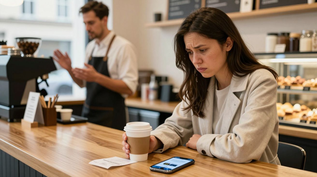 Woman in cafe holding coffee cup, looking at mobile phone with concern; barista in background.