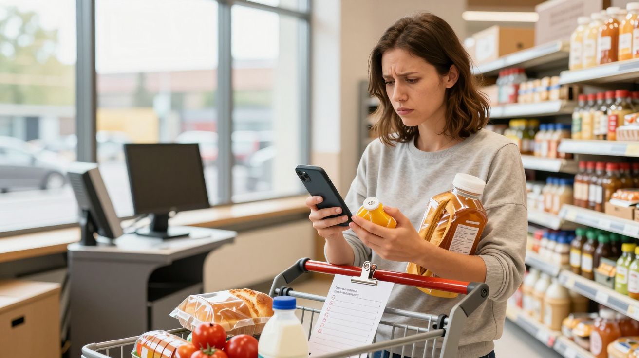 Woman in a supermarket aisle comparing juice bottles using her phone, shopping trolley with groceries in front.