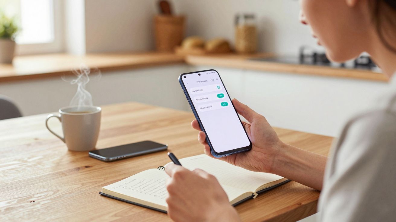 Person using a smartphone with a notebook and pen; a steaming mug and another phone are on a wooden table nearby.