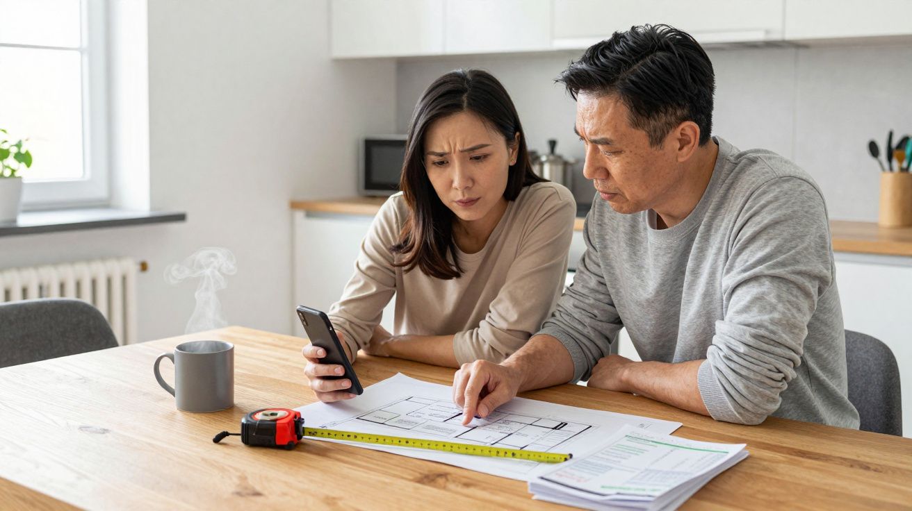 A couple examines blueprints at a kitchen table, with a smartphone and measuring tape, appearing focused and thoughtful.
