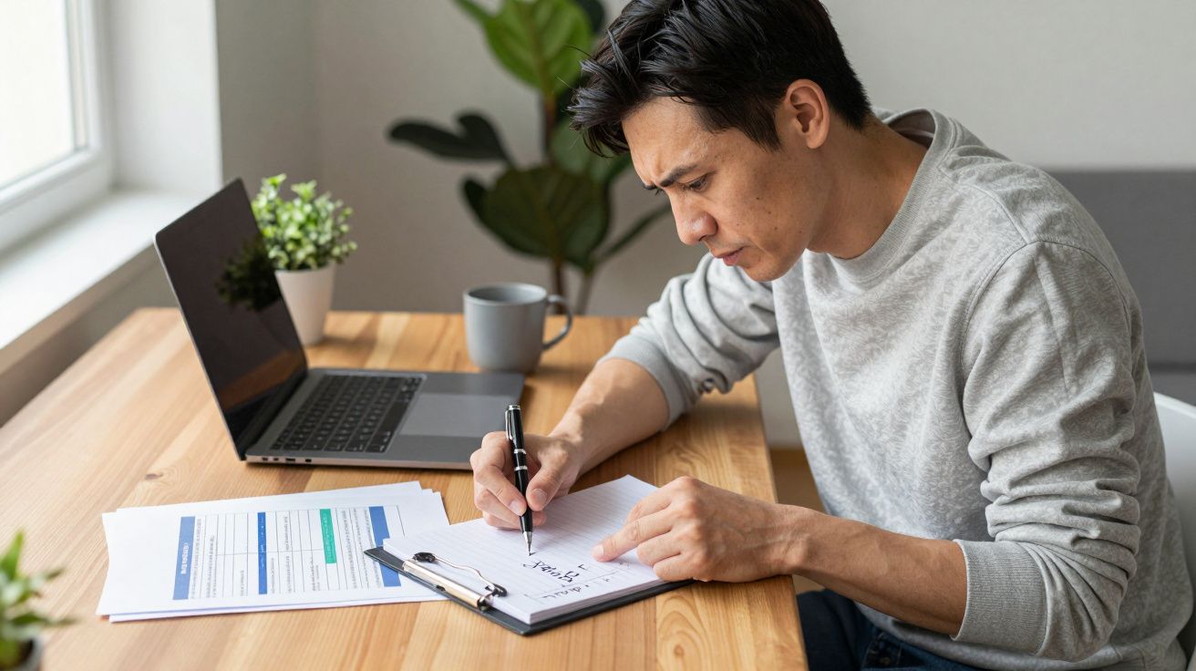Man writing notes at a desk with a laptop, papers, and a mug.