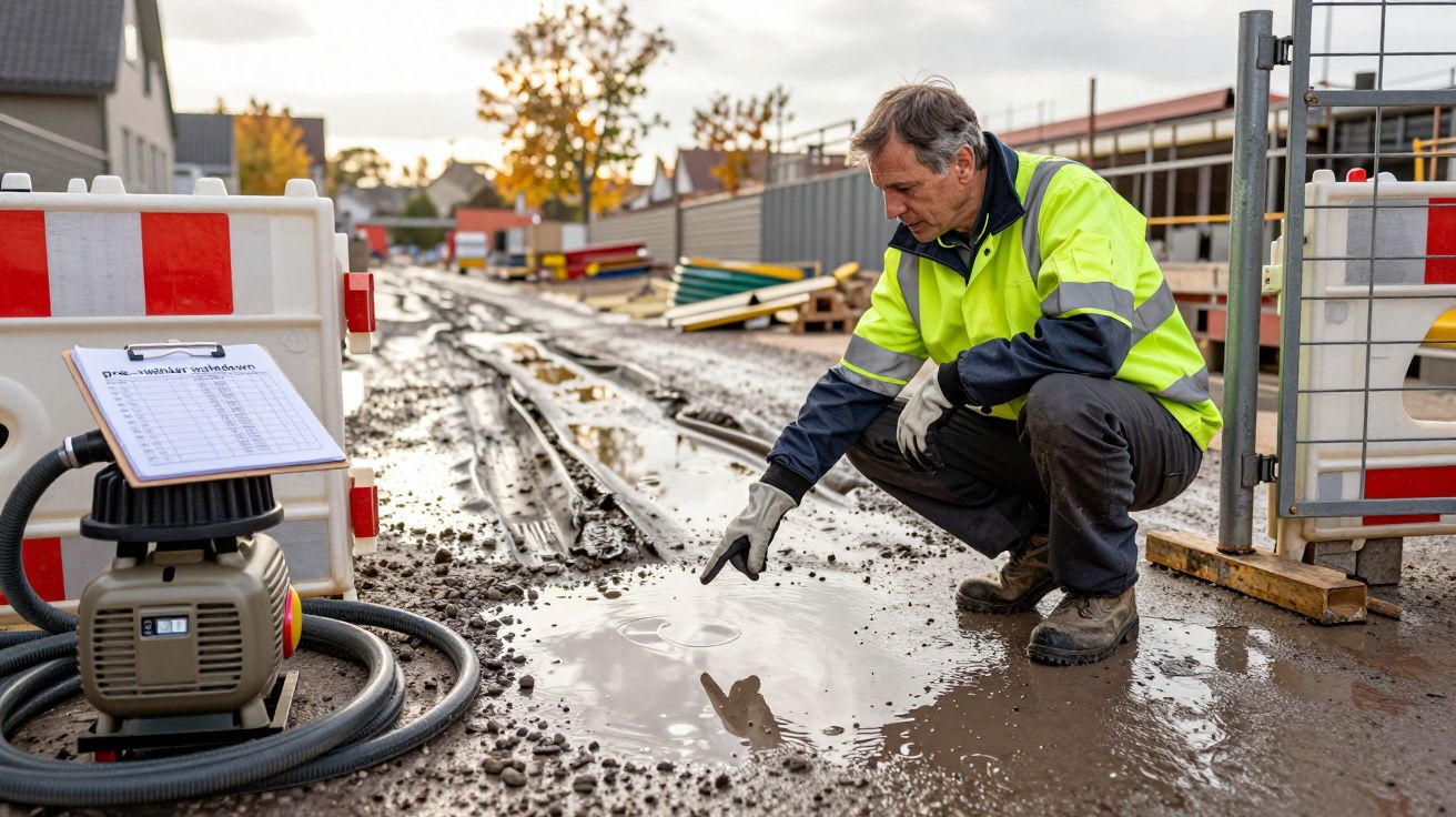 Worker in a reflective jacket inspects a puddle on a muddy construction site with equipment nearby.
