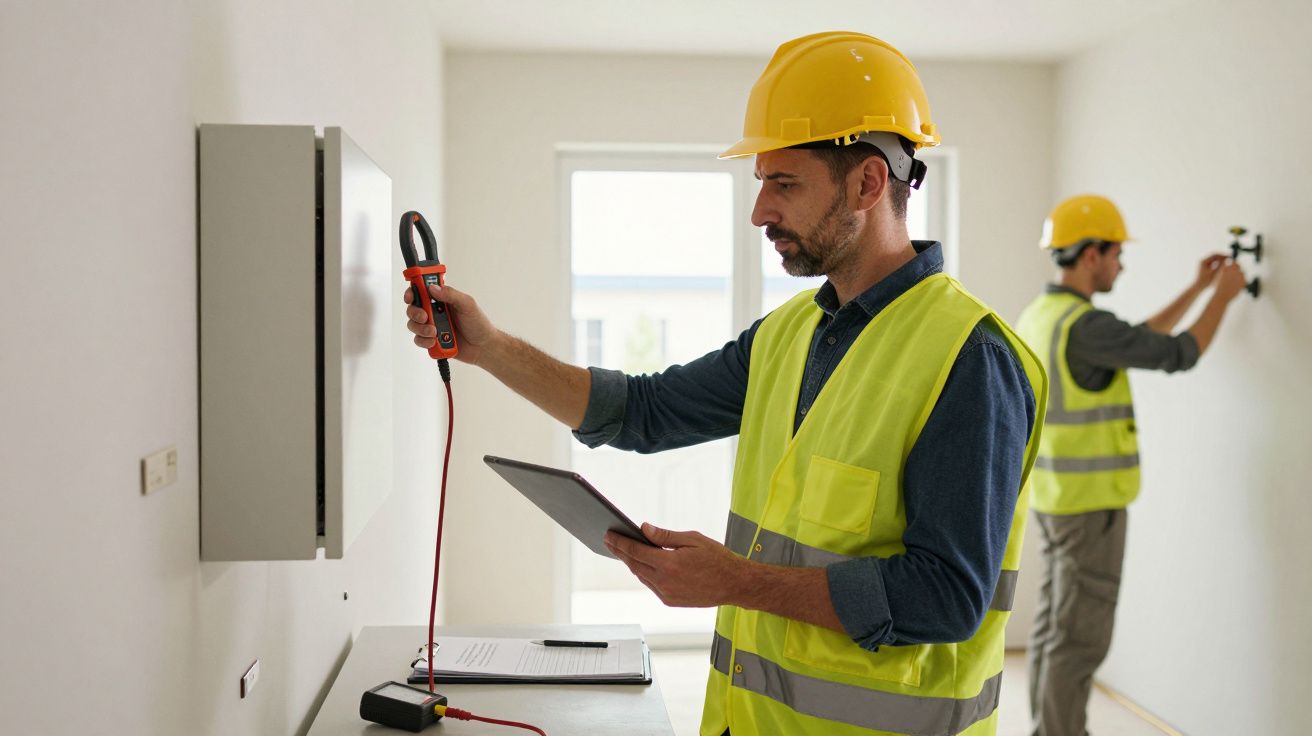 Two construction workers in safety vests and helmets inspecting electrical systems indoors, one using a clamp meter.