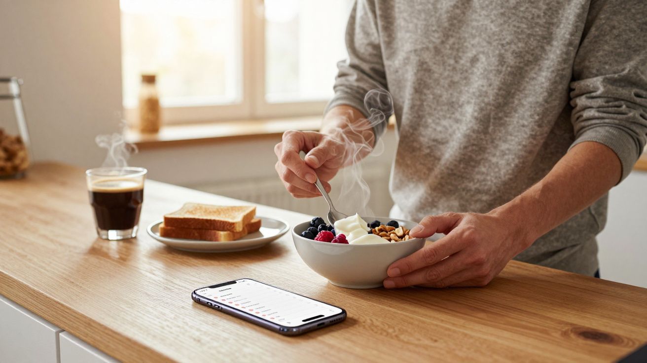 Person preparing to eat a bowl of hot porridge with berries and nuts, next to a smartphone, coffee, and toast on a wooden tab