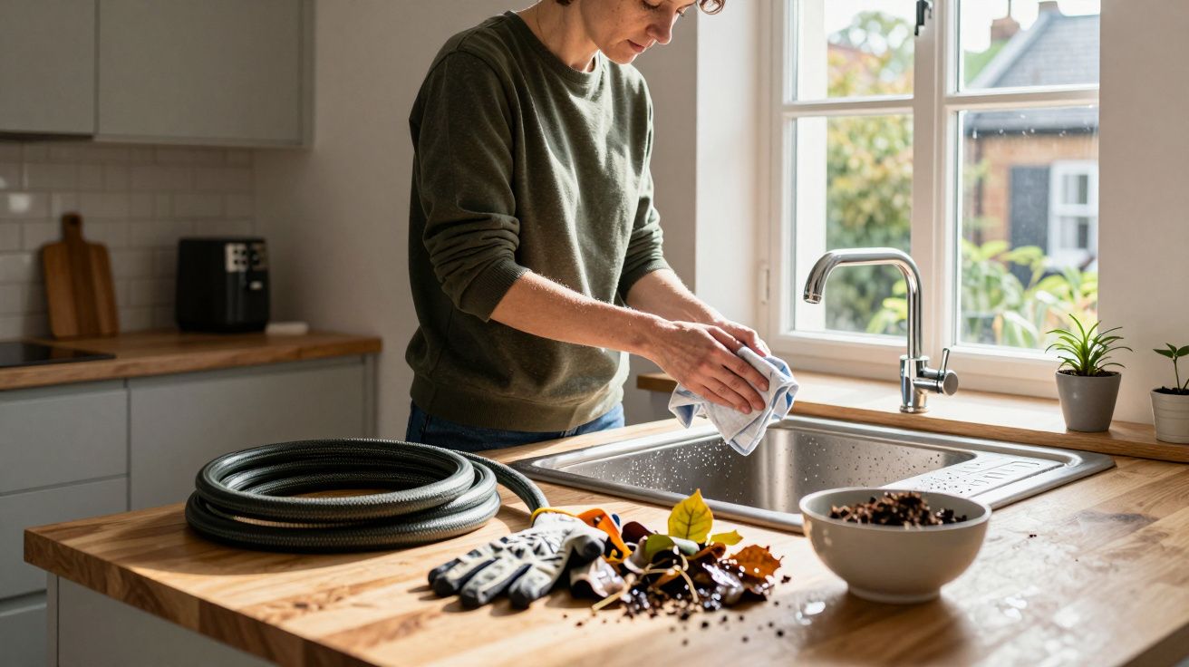 Person cleaning a kitchen sink area with gloves, hose, and plant pot on counter, next to a window with leafy view.