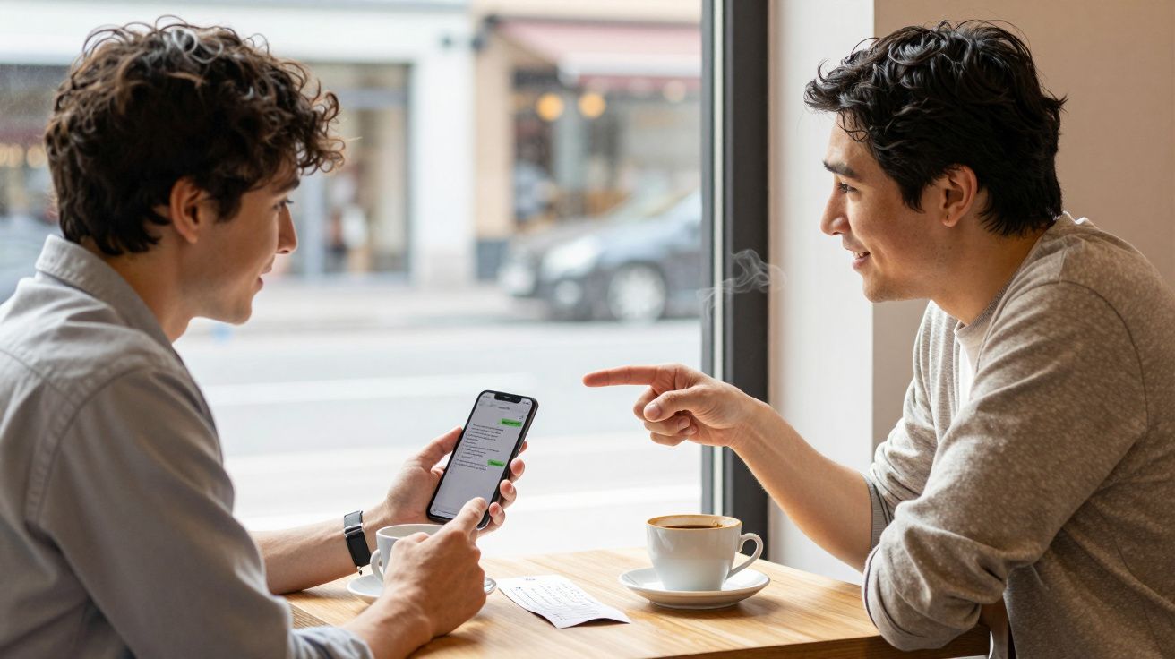 Two men at a cafe table, one holding a smartphone, engaged in conversation with coffee cups on the table.