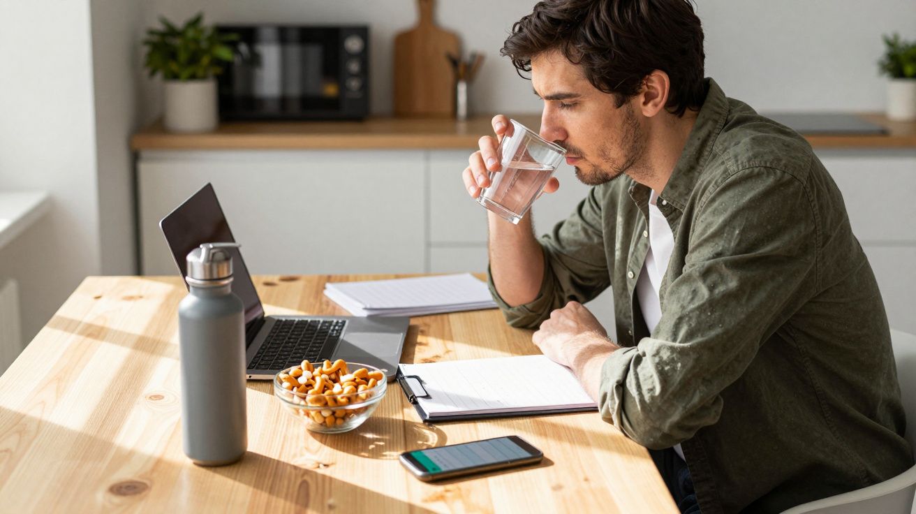 Man at wooden table drinking water, working on laptop with notes, mobile, water bottle, and snacks nearby.