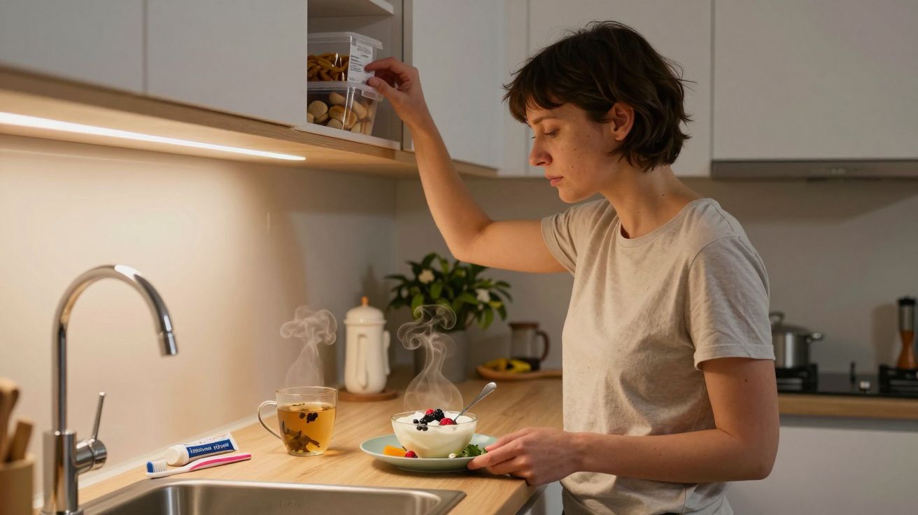 Woman in kitchen reaching for cupboard, with yoghurt and tea on counter.