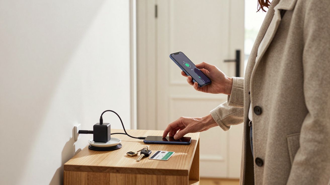 Person in a coat is charging a smartphone on a wooden table with a wireless charger and a cable.