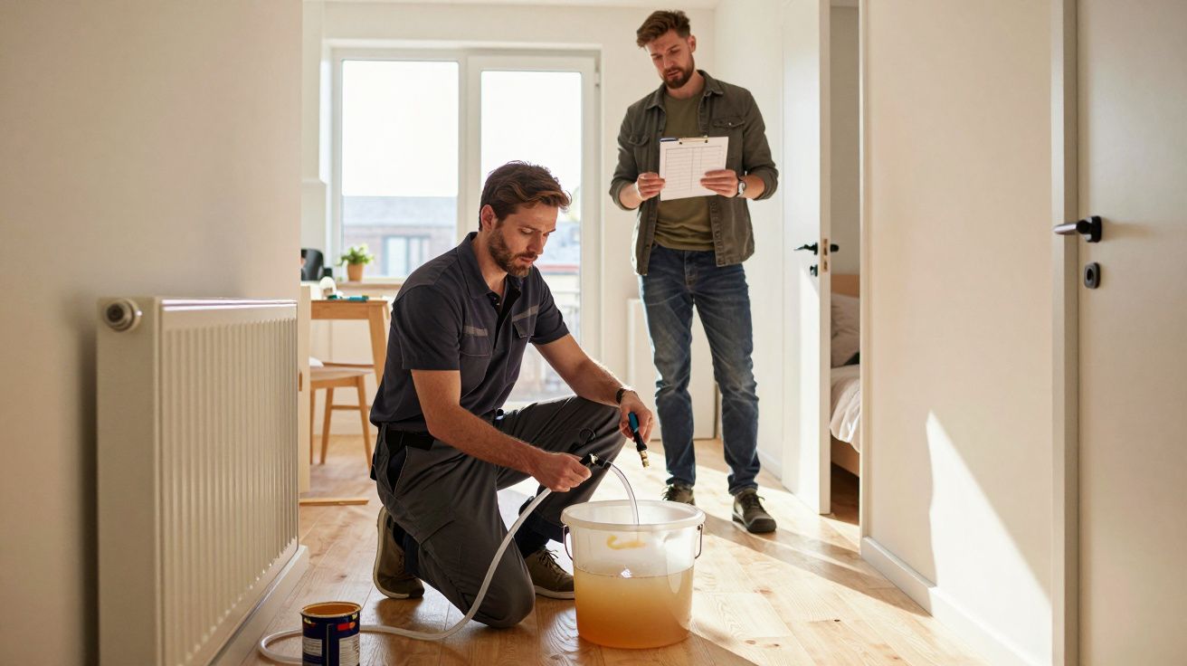 Two men working indoors; one tests a hose in a bucket, while the other holds a clipboard, in a well-lit room.