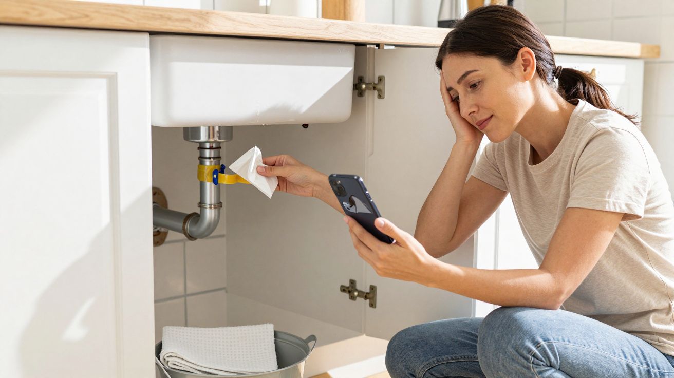 Woman under kitchen sink examines leaking pipe, holds phone and tissue, looking concerned.