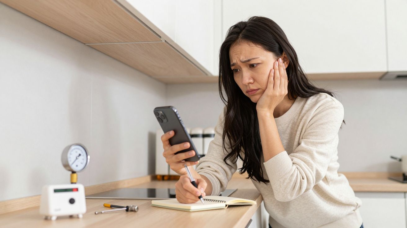 Woman in kitchen looking concerned, checking phone, writing in notebook.
