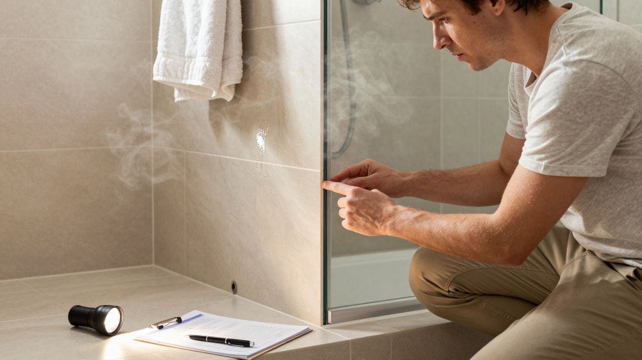 A man examining steam on a bathroom mirror, clipboard and torch on the side.