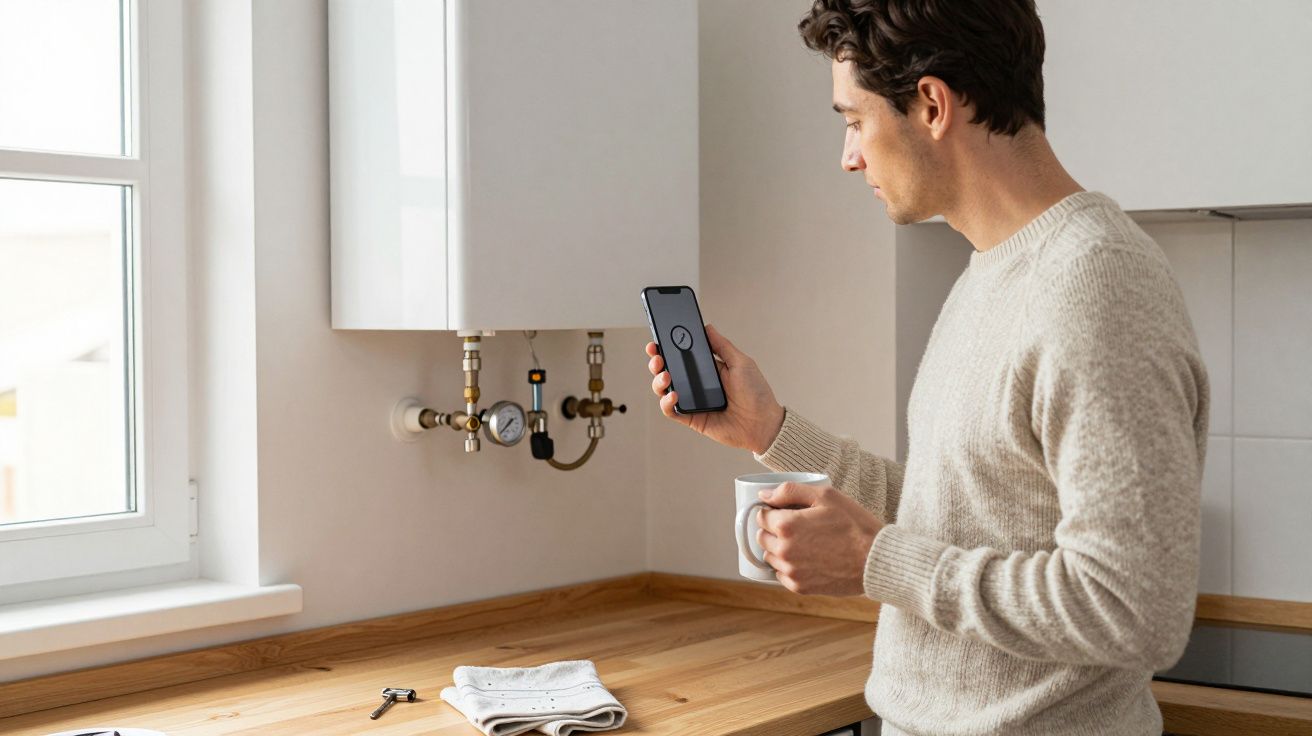 Man adjusting boiler settings with smartphone app, holding mug, in kitchen.