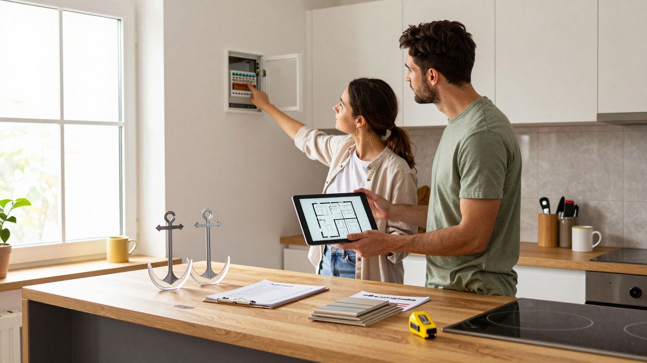 A couple in a kitchen examining blueprints on a tablet while checking a circuit breaker panel on the wall.