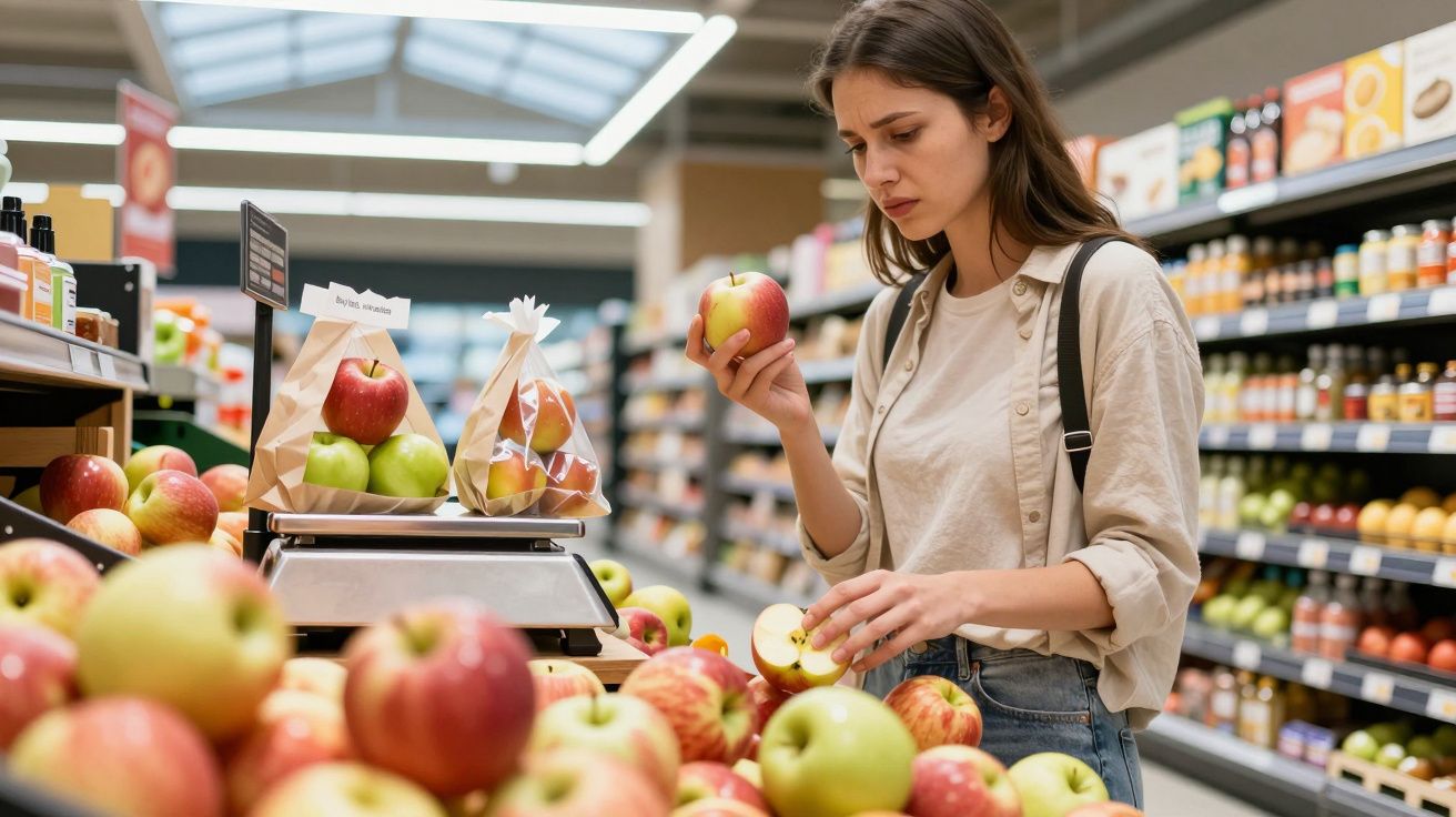 Woman choosing apples in a supermarket, standing by apple display, holding one, with scales and other produce in background.