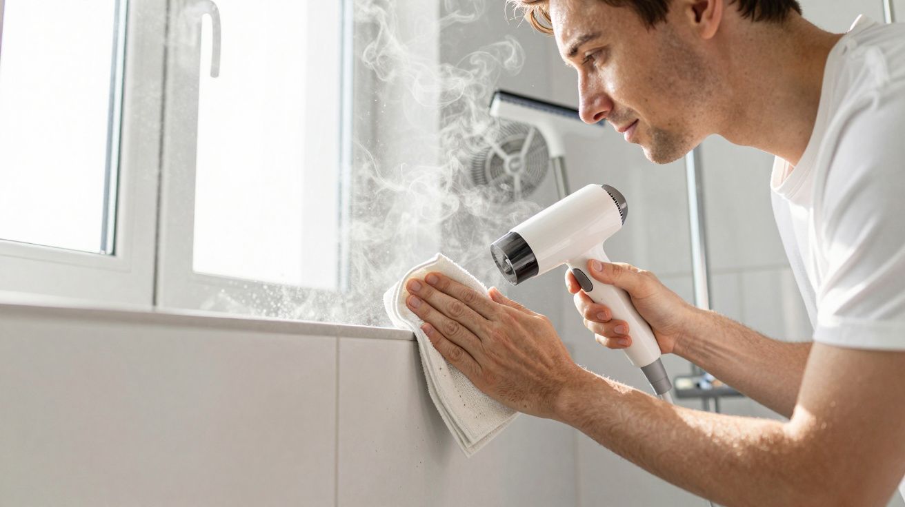 Man cleaning a window with a steam cleaner, wiping with a cloth, in a bright room.