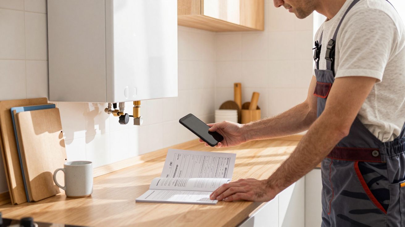 Man checking boiler manual in kitchen, holding phone, wearing work overalls.