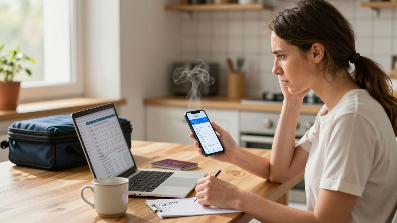 Woman at kitchen table with laptop, holding phone, writing notes, steamy drink beside her.