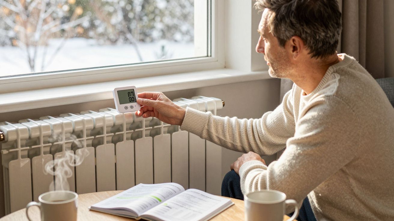 Man in a sweater adjusts digital thermostat on radiator near a window with snow outside, book and mugs on table.