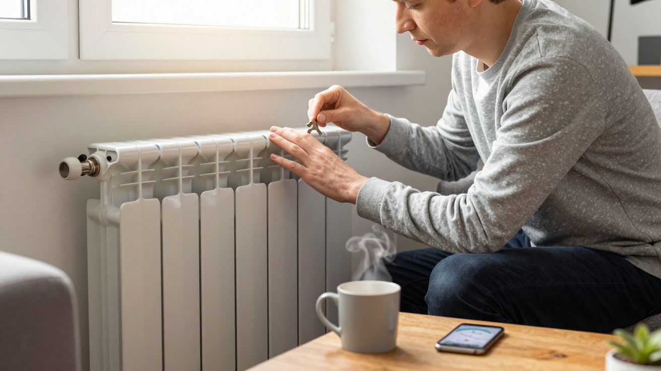 Man bleeding radiator with key, sitting on sofa. Mug and smartphone on table nearby.