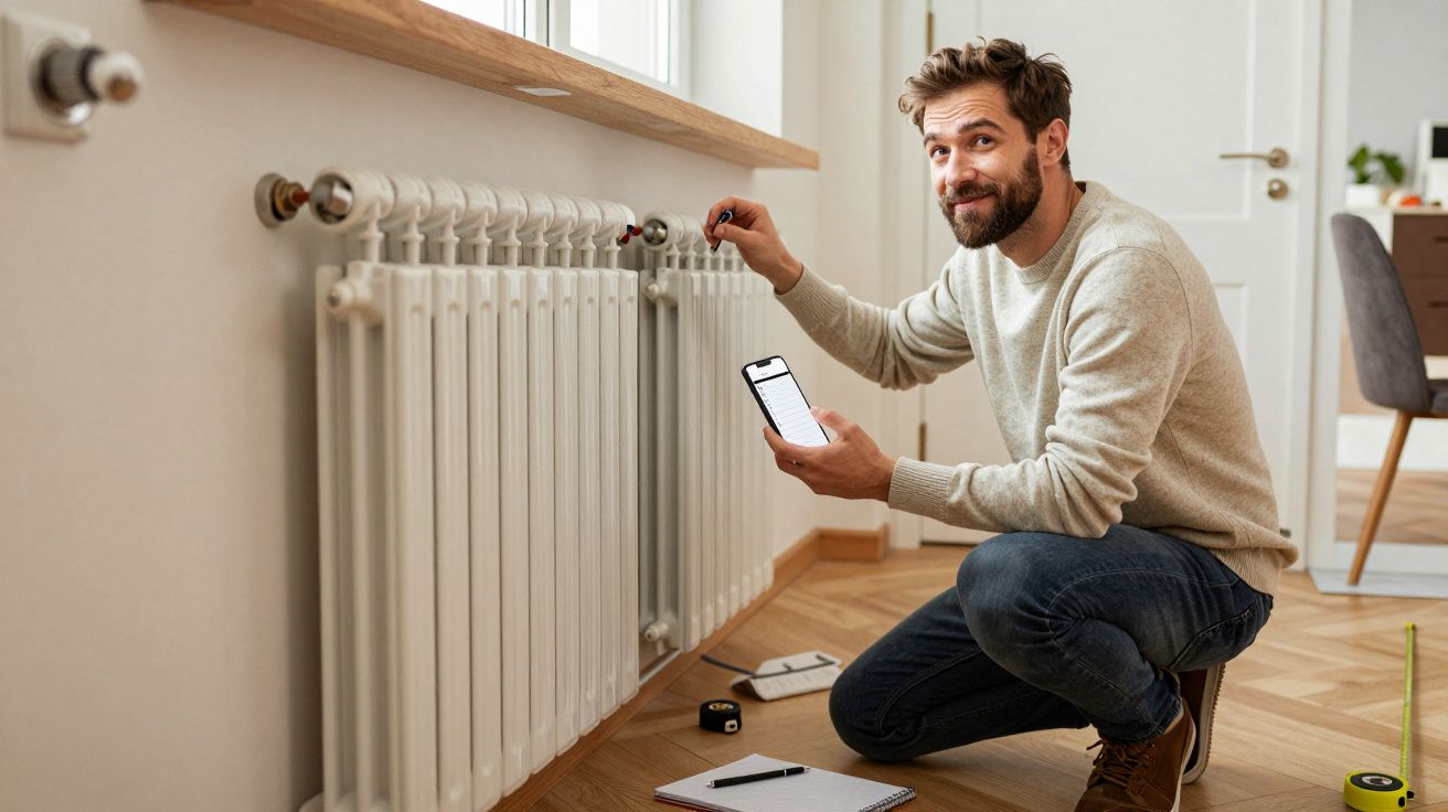 Man adjusting radiator valve with smartphone in hand, kneeling on floor, home interior visible.