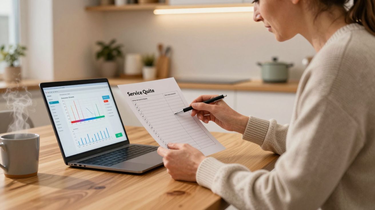 Woman reviewing a service quote at desk with laptop displaying graphs, in a kitchen setting.