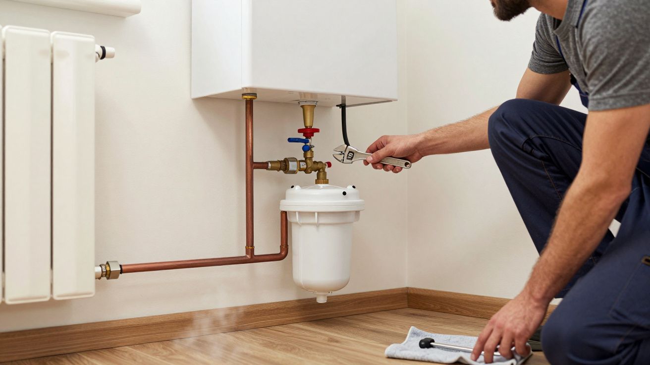 Plumber fixing a boiler pipe in a house, using a spanner, with a radiator and steam visible in the background.