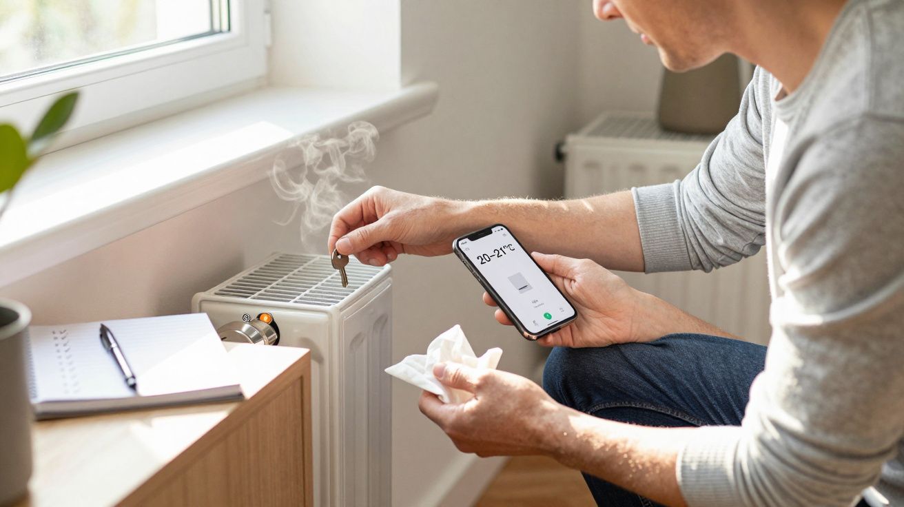 Man adjusts radiator with a key, holding smartphone showing temperature, while sitting by window with notebook nearby.