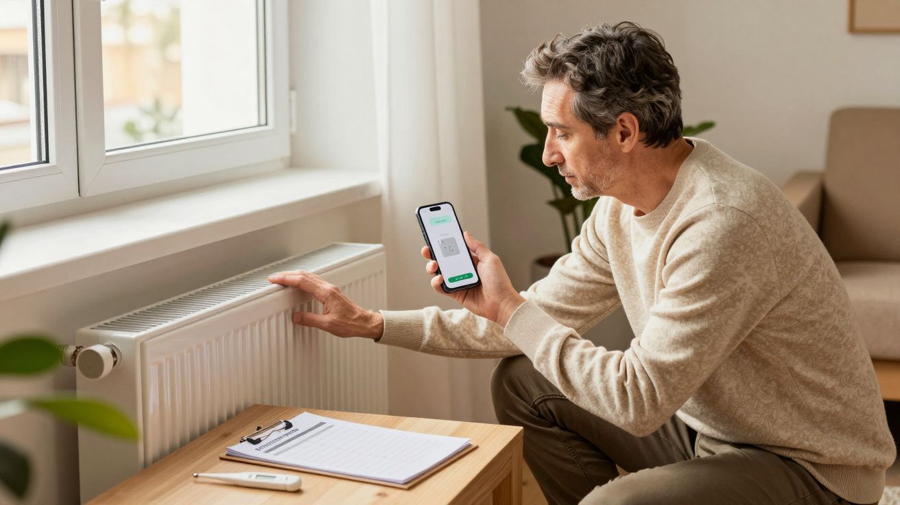 Man adjusting radiator temperature using a smartphone app while checking notes on a clipboard.