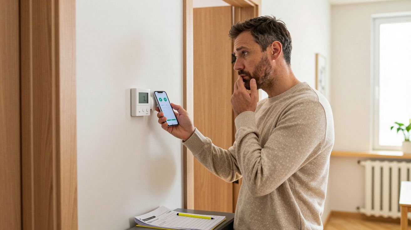 Man adjusting home thermostat using smartphone in a bright room, standing thoughtfully.