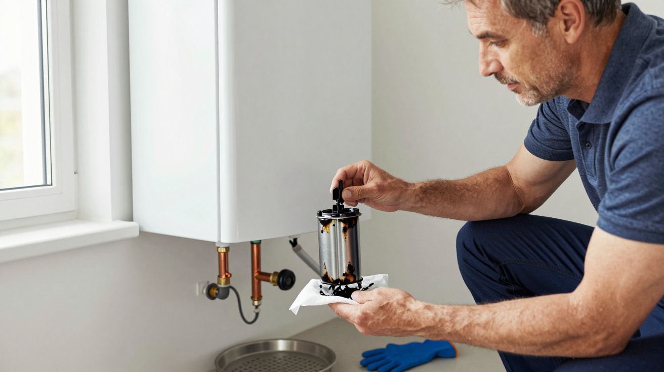 Man cleaning a boiler filter with a cloth, kneeling beside a white boiler unit; blue gloves on the floor nearby.