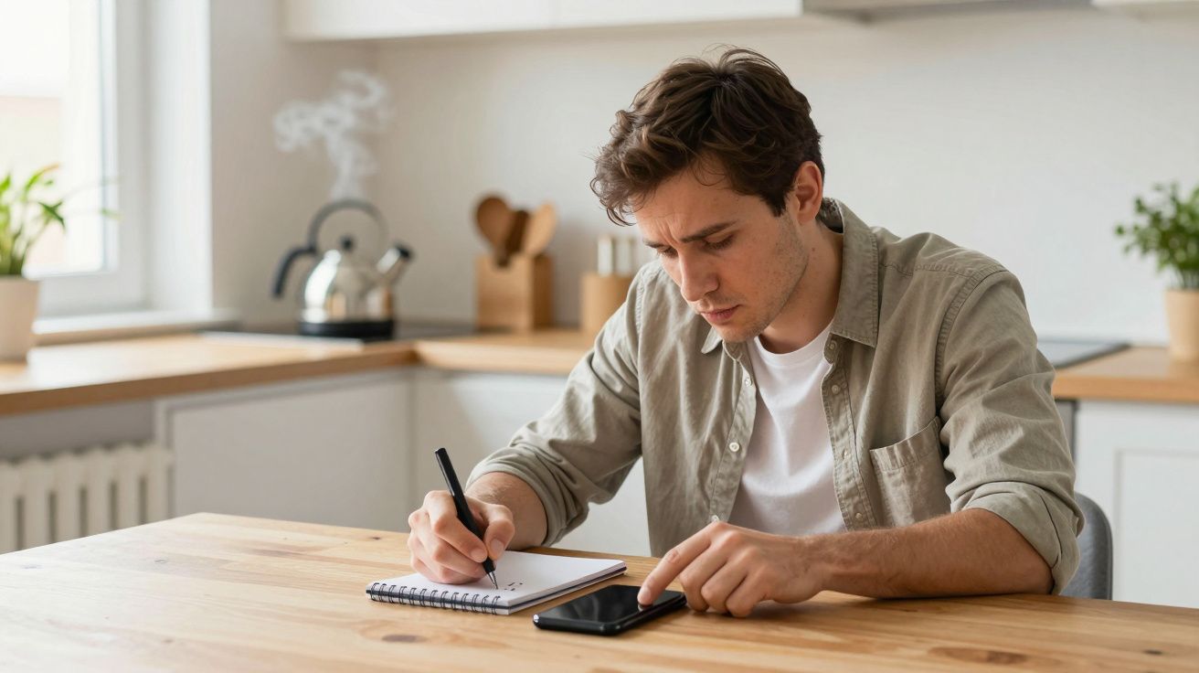 Man writing in a notebook while using a smartphone at a kitchen table.
