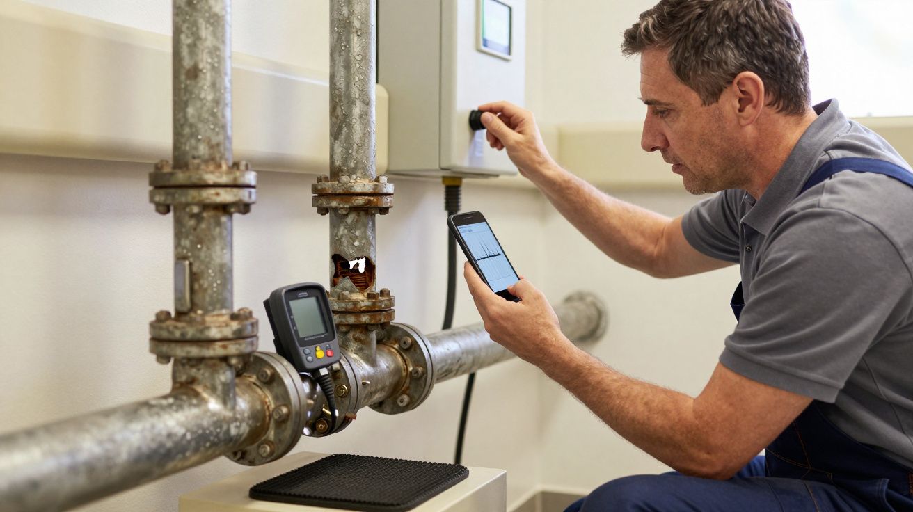 Engineer checking pipeline pressure, using a smartphone and valve controls, indoors.