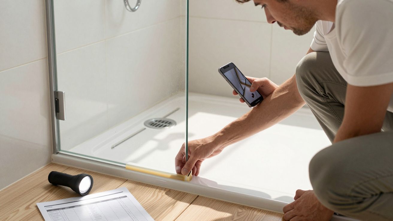 Person measuring shower seal with phone beside torch and papers on wooden floor.