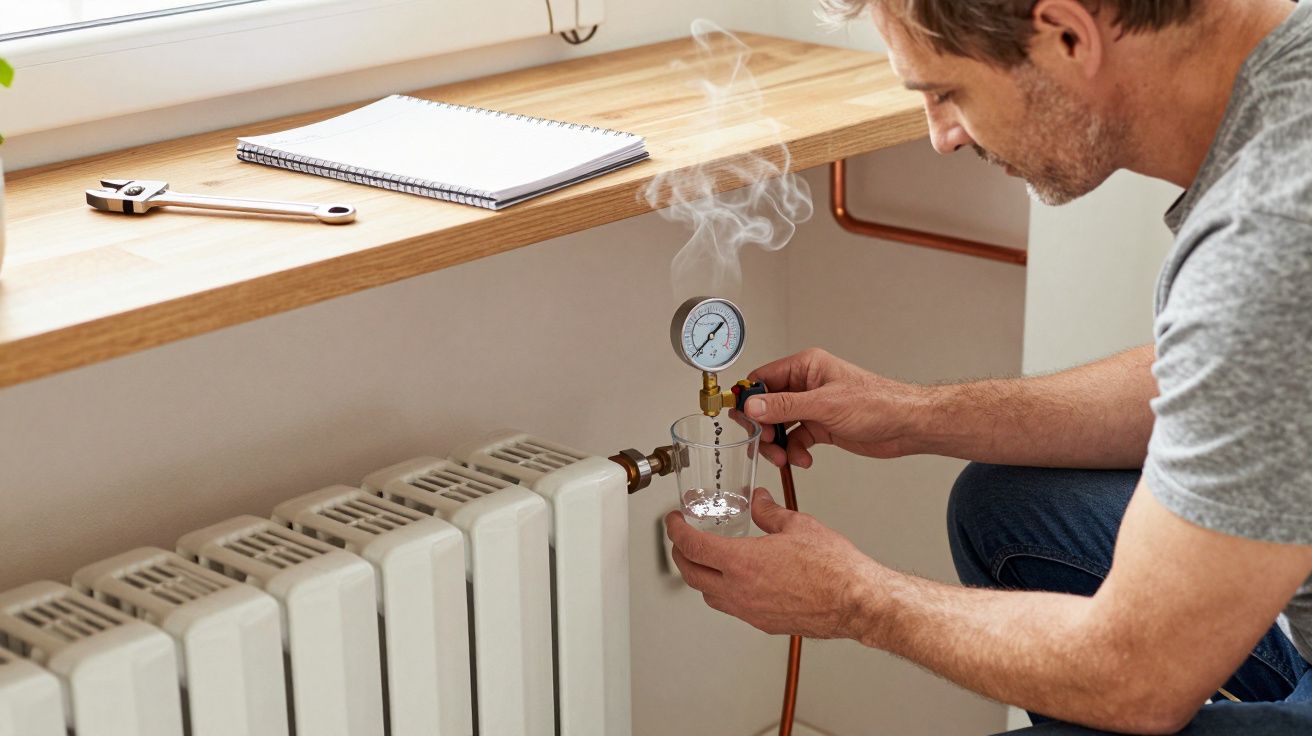 Man checking radiator pressure with gauge and steaming cup.