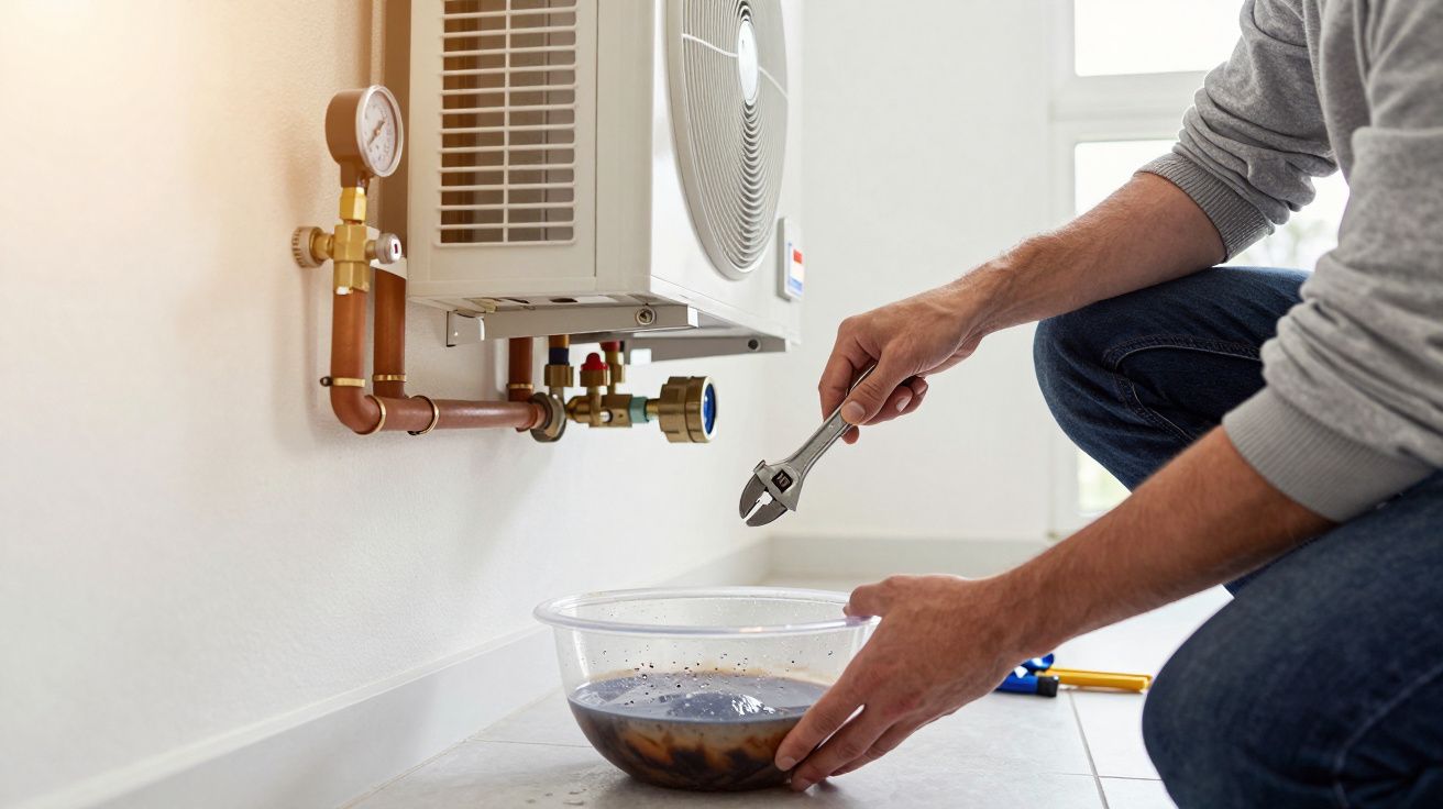 Person using a wrench to repair a heating system, with a container collecting water underneath.
