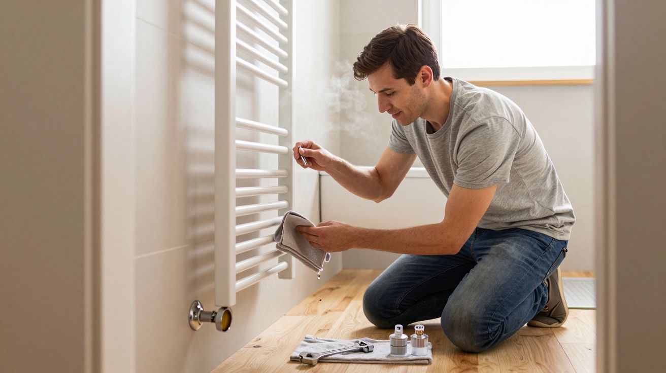 Man kneeling and bleeding a radiator in a bright room with tools and a towel nearby.