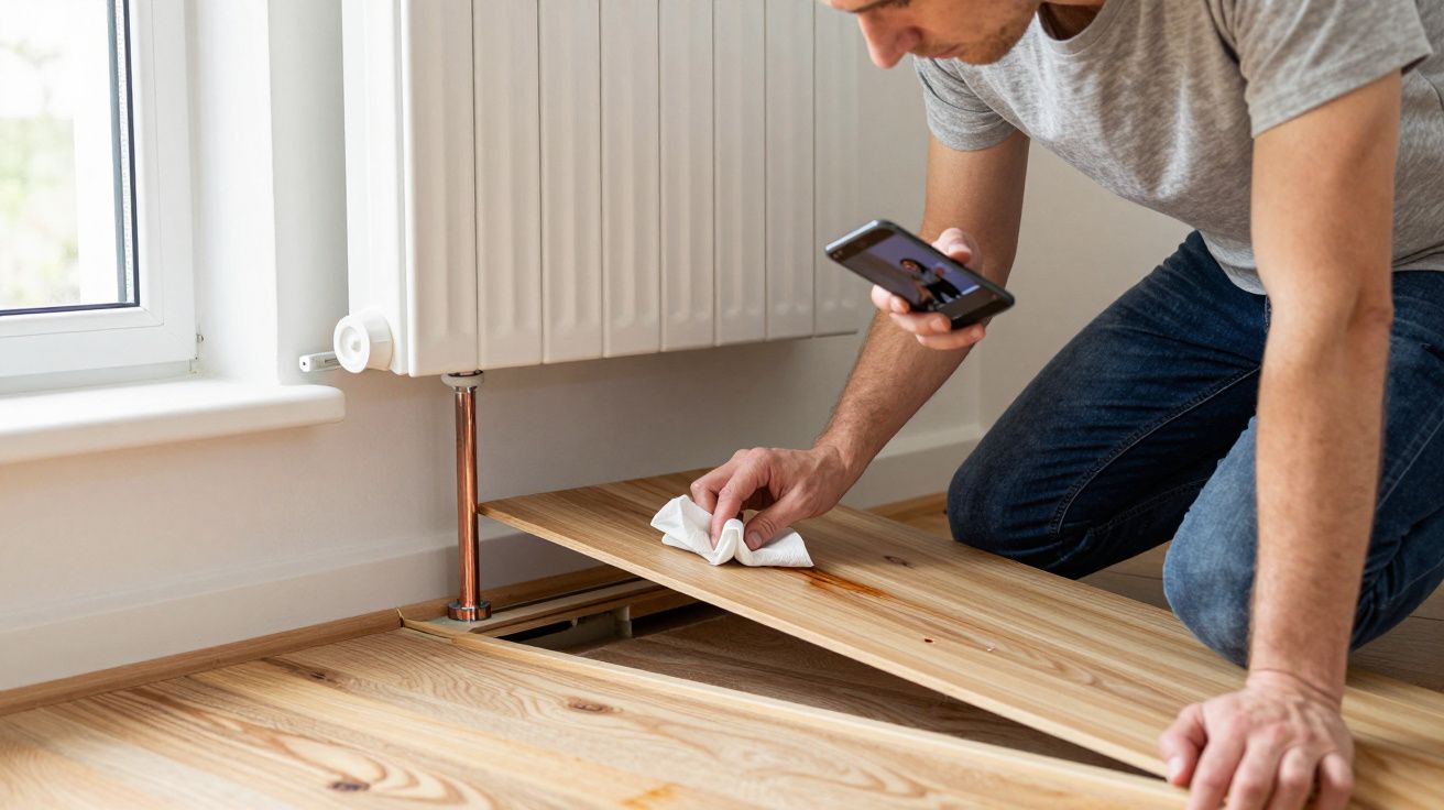 Man kneeling, lifting floorboard with cloth in hand, using smartphone, near radiator and window in a bright room.