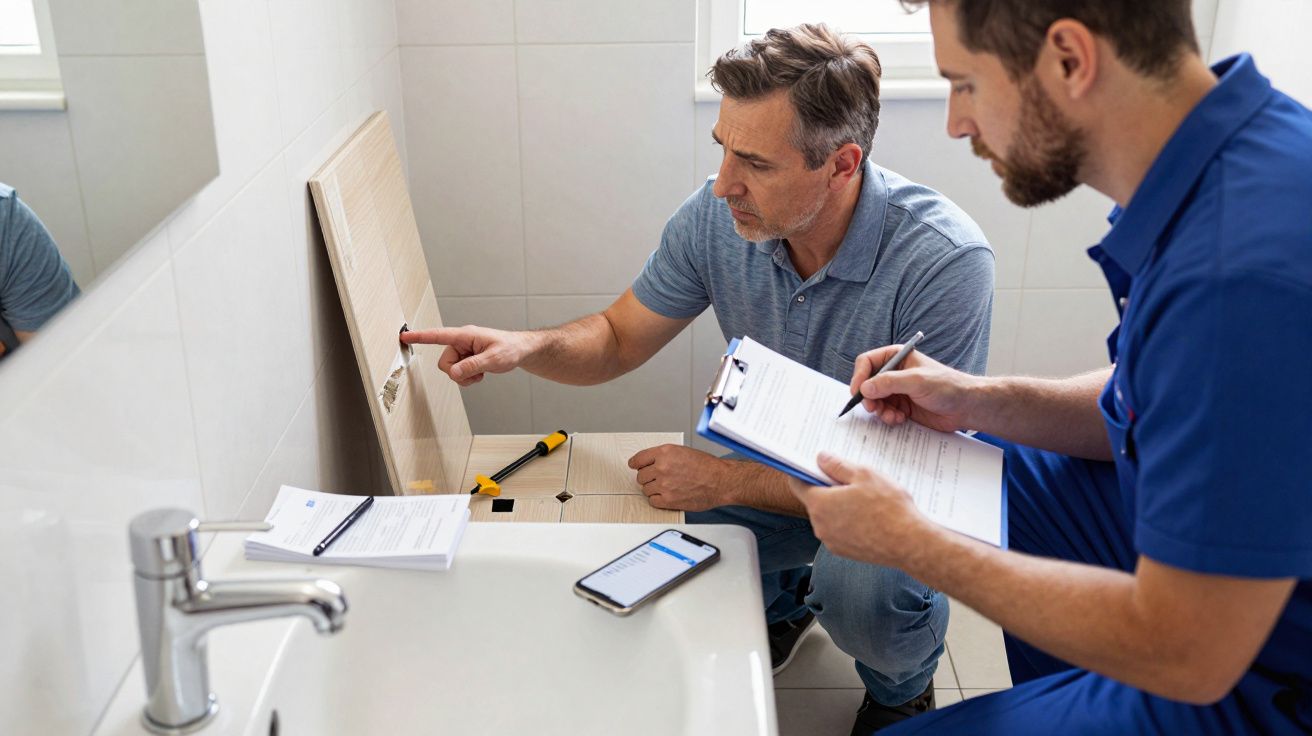 Two men inspecting a bathroom, one pointing at a tile, the other holding a clipboard, papers and tools nearby.