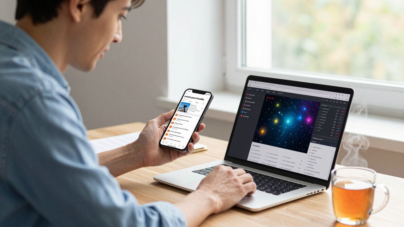 Man using a laptop and smartphone at a wooden desk with a steaming cup of tea, displaying a colourful screen and social media